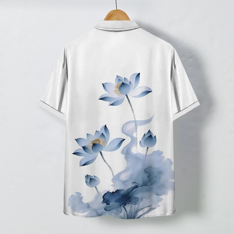 Buddha Stones Blue Lotus Ink Pattern Buttons Wrinkle-resistant Men's Short Sleeve Shirt - image 1