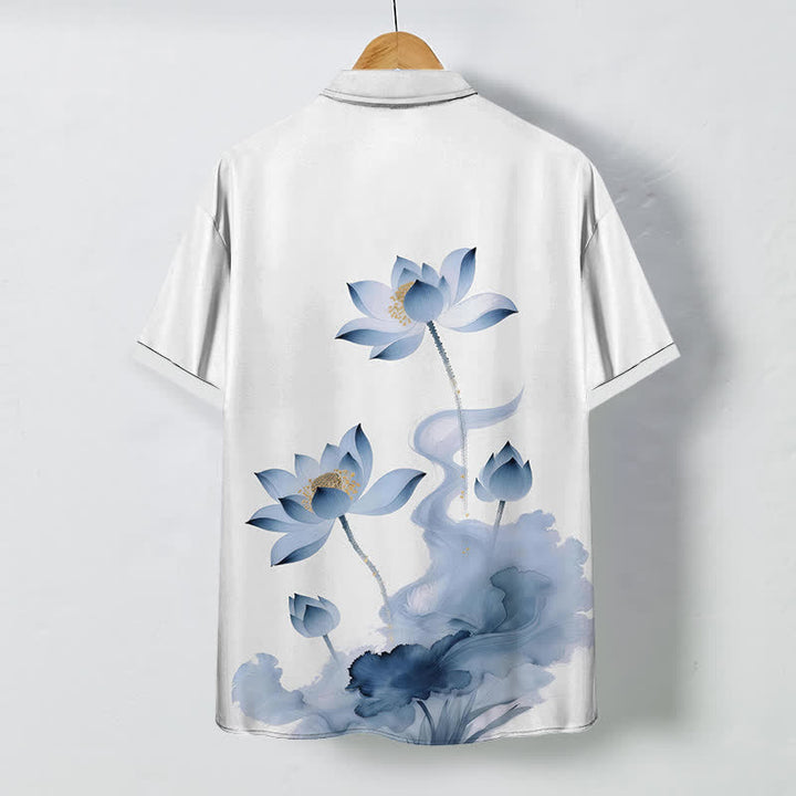 Buddha Stones Blue Lotus Ink Pattern Buttons Wrinkle-resistant Men's Short Sleeve Shirt - image 1
