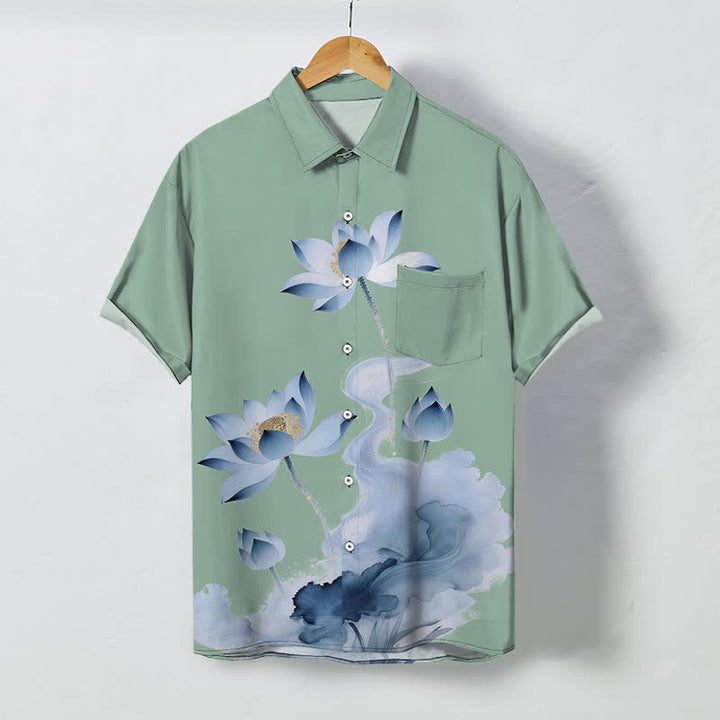 Buddha Stones Blue Lotus Ink Pattern Buttons Wrinkle-resistant Men's Short Sleeve Shirt - DarkSeaGreen - US/UK/AU48，EU58 (4XL) - image 7