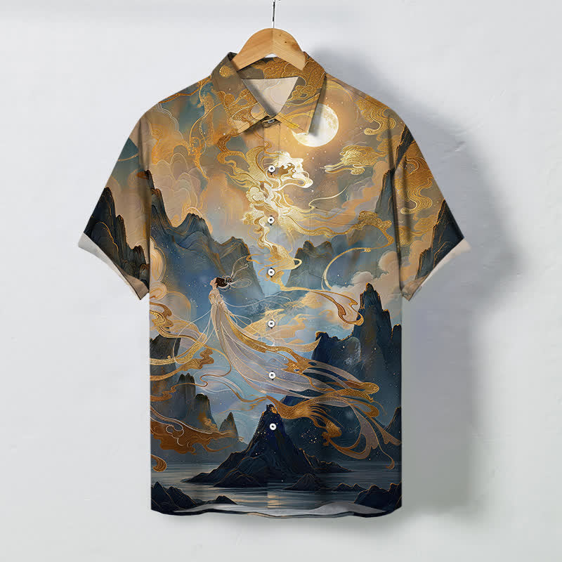 Buddha Stones Misty Mountain Moon Cloud Pattern Buttons Wrinkle-resistant Men's Short Sleeve Shirt - Tan - US/UK/AU48，EU58 (4XL) - image 0