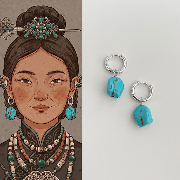 Buddha Stones Handmade Synthetic Turquoise Protection Tibetan Hoop Earrings - Turquoise(Copper Plated With 925 Sterling Silver Posts) - image 0