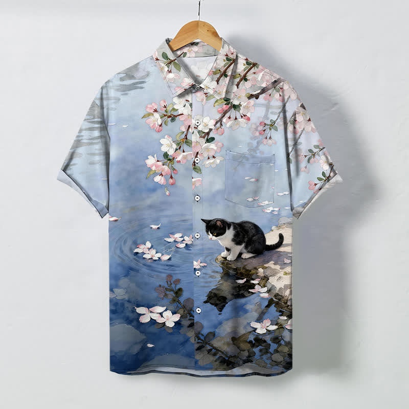 Buddha Stones Cherry Blossom Cat Waterside Pattern Buttons Wrinkle-resistant Men's Short Sleeve Shirt - LightBlue - US/UK/AU48，EU58 (4XL) - image 0