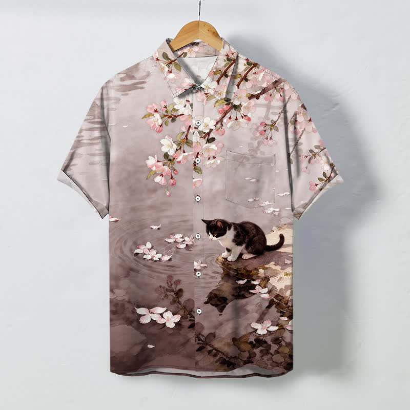 Buddha Stones Cherry Blossom Cat Waterside Pattern Buttons Wrinkle-resistant Men's Short Sleeve Shirt - BurlyWood - US/UK/AU48，EU58 (4XL) - image 5