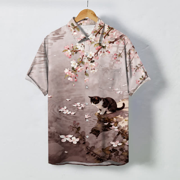 Buddha Stones Cherry Blossom Cat Waterside Pattern Buttons Wrinkle-resistant Men's Short Sleeve Shirt - BurlyWood - US/UK/AU48，EU58 (4XL) - image 5