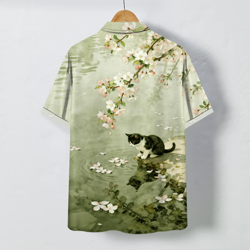 Buddha Stones Cherry Blossom Cat Waterside Pattern Buttons Wrinkle-resistant Men's Short Sleeve Shirt - image 8