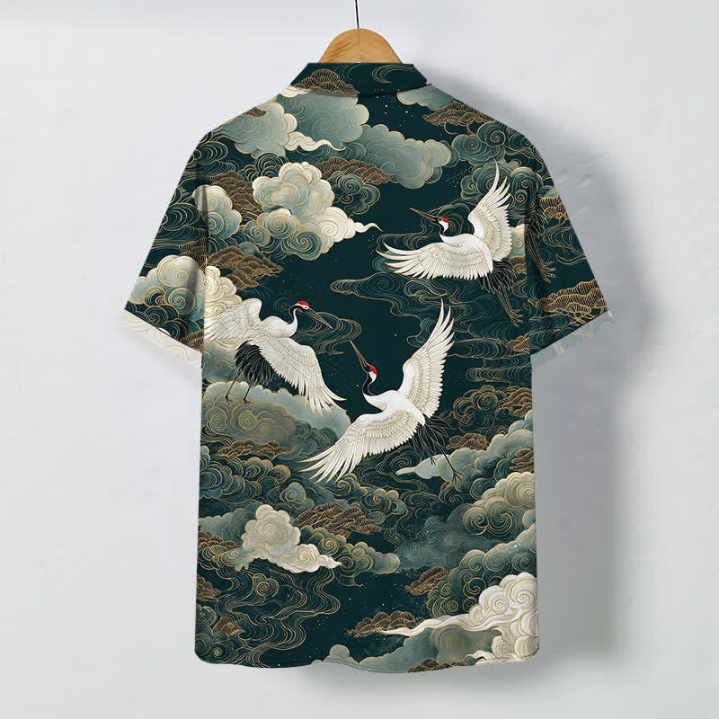 Buddha Stones Red-crowned Crane Golden White Clouds Wave Pattern Buttons Breathable Men's Short Sleeve Shirt - image 1