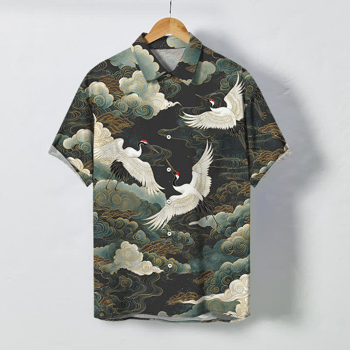 Buddha Stones Red-crowned Crane Golden White Clouds Wave Pattern Buttons Breathable Men's Short Sleeve Shirt - DarkOliveGreen - US/UK/AU48，EU58 (4XL) - image 7