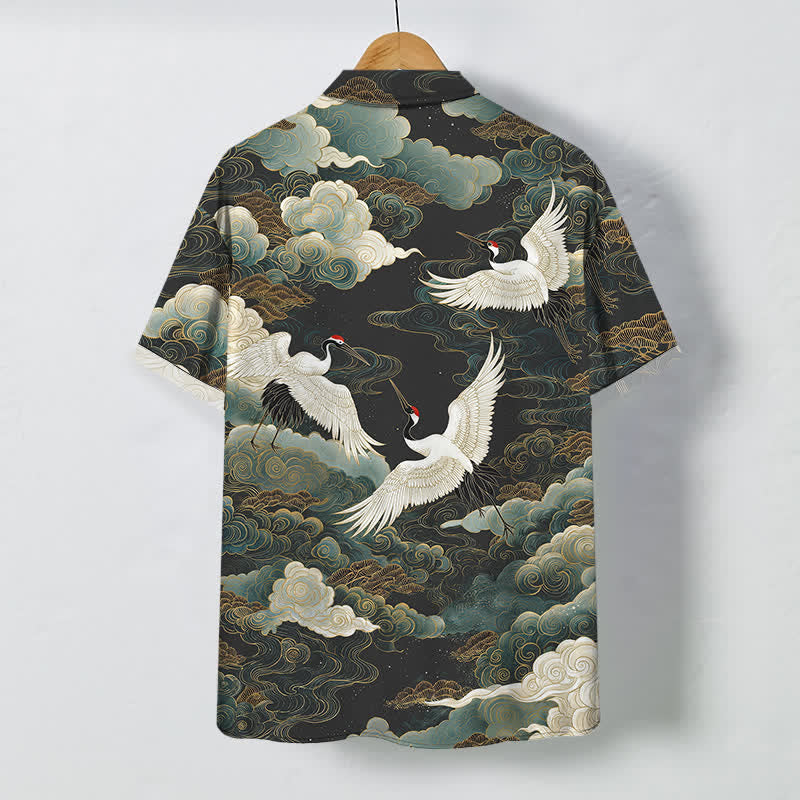 Buddha Stones Red-crowned Crane Golden White Clouds Wave Pattern Buttons Breathable Men's Short Sleeve Shirt - image 8