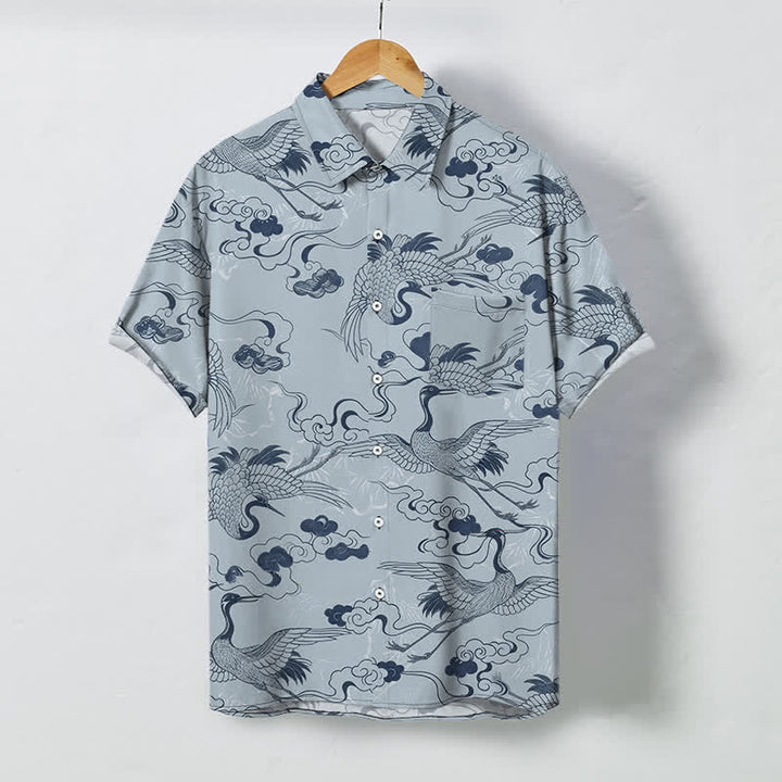 Buddha Stones Crane Cloud Wave Sketch Pattern Buttons Breathable Men's Short Sleeve Shirt - LightSteelBlue - US/UK/AU48，EU58 (4XL) - image 0
