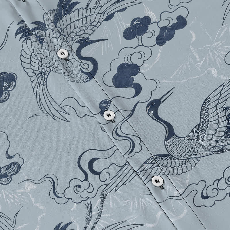 Buddha Stones Crane Cloud Wave Sketch Pattern Buttons Breathable Men's Short Sleeve Shirt - image 3