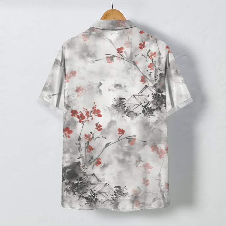 Buddha Stones Ink Red Floral Branch Blossom Houses Pattern Buttons Breathable Men's Short Sleeve Shirt - image 1
