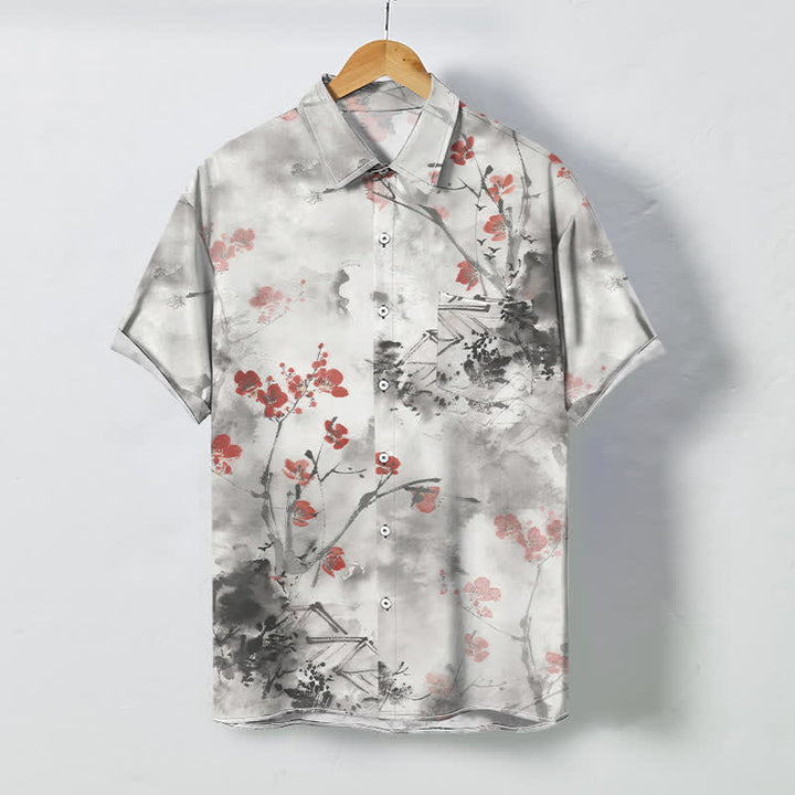 Buddha Stones Ink Red Floral Branch Blossom Houses Pattern Buttons Breathable Men's Short Sleeve Shirt - WhiteSmoke - US/UK/AU48，EU58 (4XL) - image 0