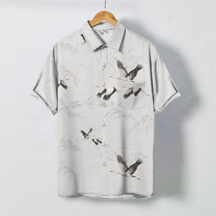 Buddha Stones Ink Landscape Crane Mountain Ranges Pattern Buttons Breathable Men's Short Sleeve Shirt - White - US/UK/AU48，EU58 (4XL) - image 0