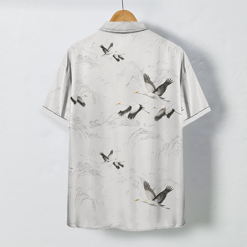 Buddha Stones Ink Landscape Crane Mountain Ranges Pattern Buttons Breathable Men's Short Sleeve Shirt - image 1