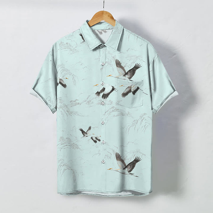 Buddha Stones Ink Landscape Crane Mountain Ranges Pattern Buttons Breathable Men's Short Sleeve Shirt - LightCyan - US/UK/AU48，EU58 (4XL) - image 5
