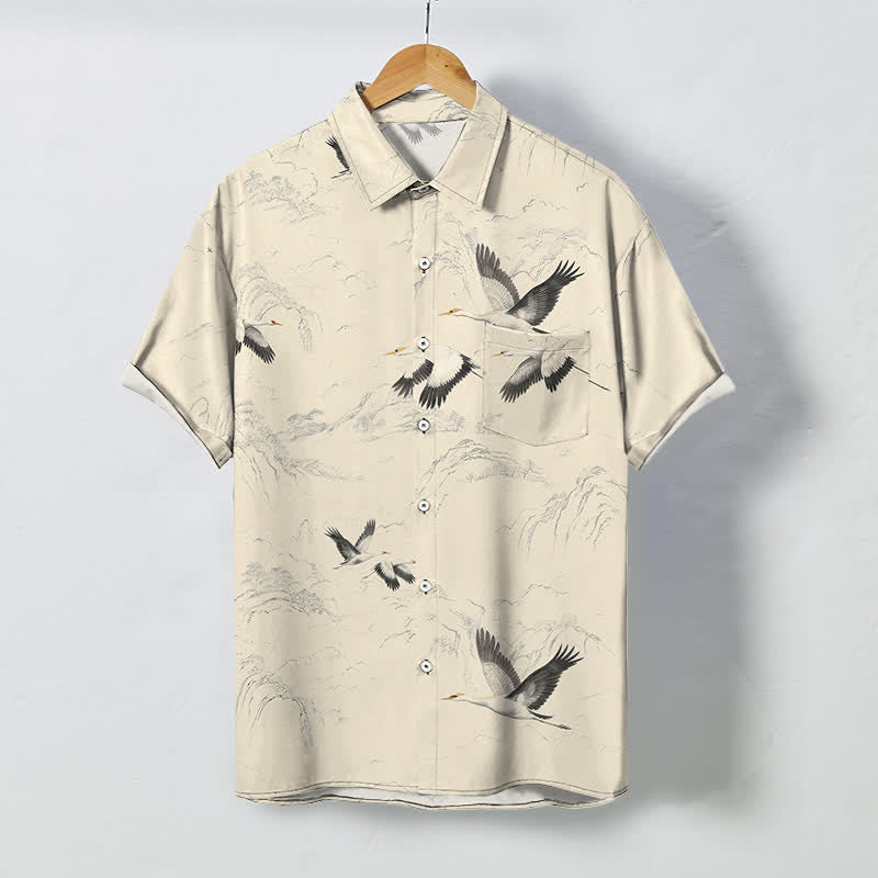 Buddha Stones Ink Landscape Crane Mountain Ranges Pattern Buttons Breathable Men's Short Sleeve Shirt - Beige - US/UK/AU48，EU58 (4XL) - image 7