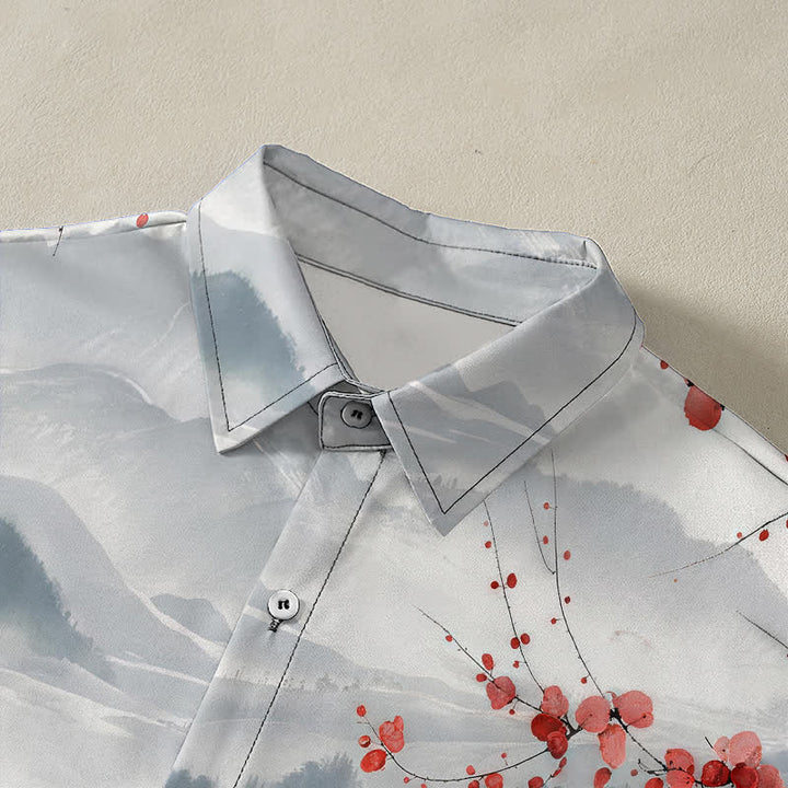 Buddha Stones Ink Landscape Red Blossom Mountains Pattern Buttons Breathable Men's Short Sleeve Shirt - image 2