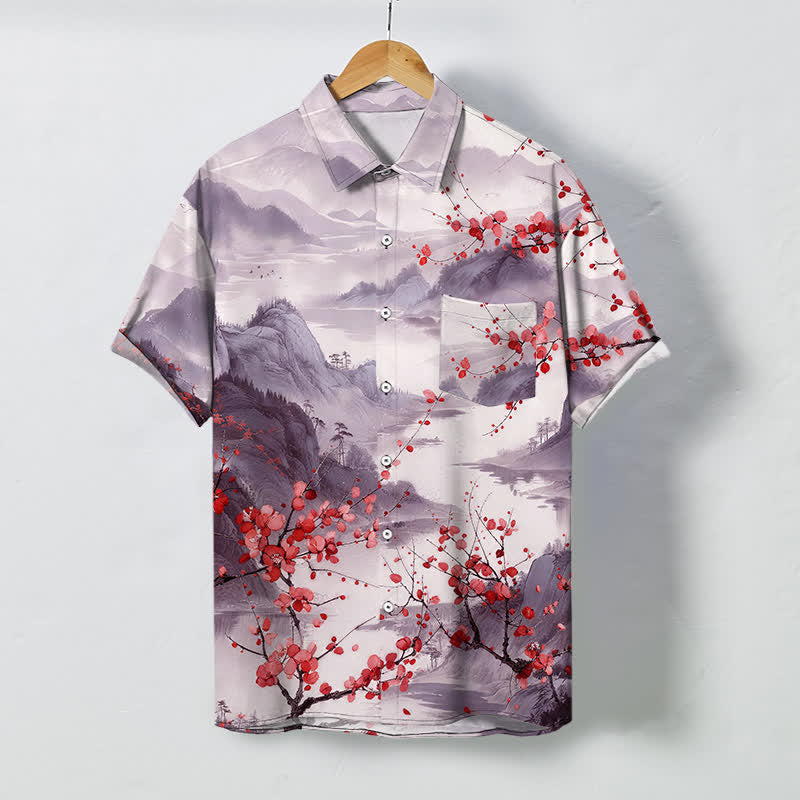 Buddha Stones Ink Landscape Red Blossom Mountains Pattern Buttons Breathable Men's Short Sleeve Shirt - Plum - US/UK/AU48，EU58 (4XL) - image 5