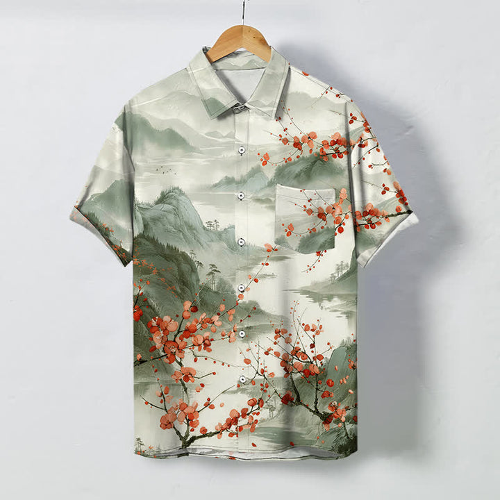 Buddha Stones Ink Landscape Red Blossom Mountains Pattern Buttons Breathable Men's Short Sleeve Shirt - Honeydew - US/UK/AU48，EU58 (4XL) - image 7