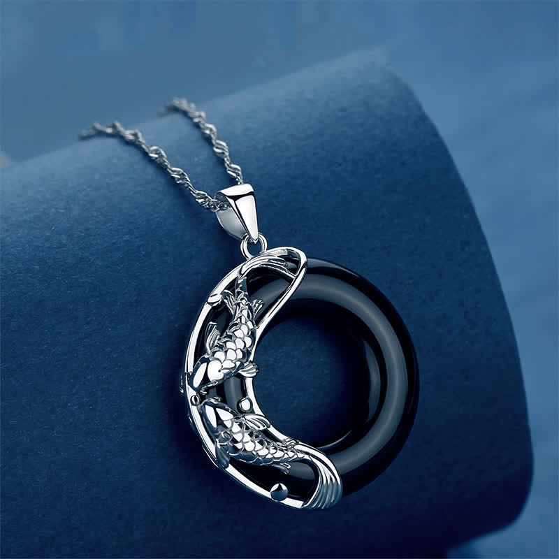 Buddha Stones Black Obsidian Koi Fish Luck Circular Peace Buckle Pendant Necklace - image 1