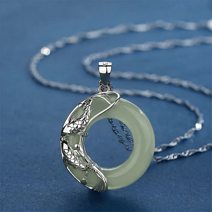 Buddha Stones Green Hetian Jade Koi Fish Luck Circular Peace Buckle Pendant Necklace - Jade(Luck♥Protection) - image 0