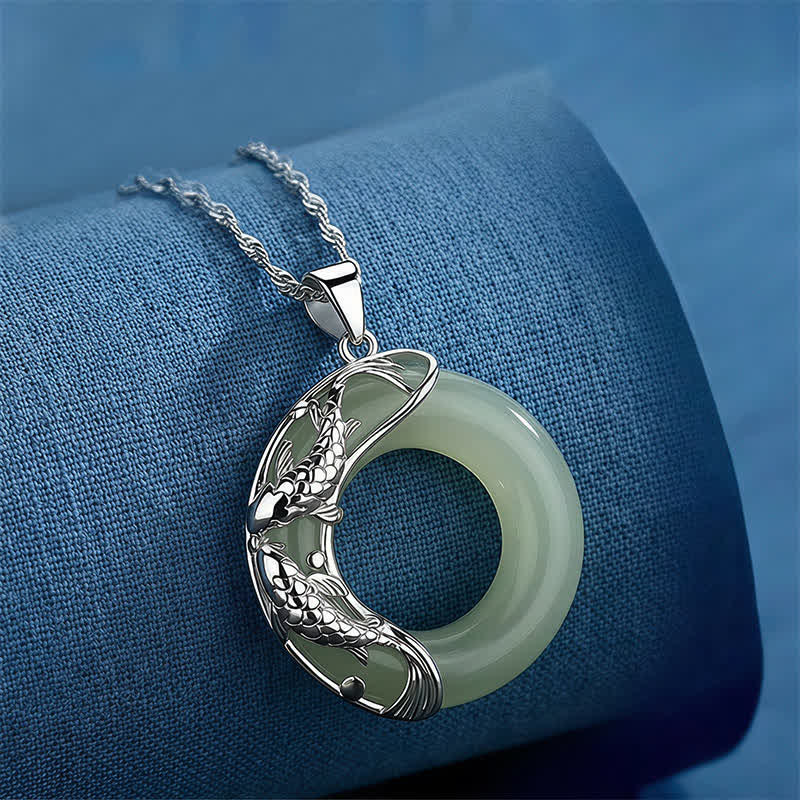 Buddha Stones Green Hetian Jade Koi Fish Luck Circular Peace Buckle Pendant Necklace - image 1