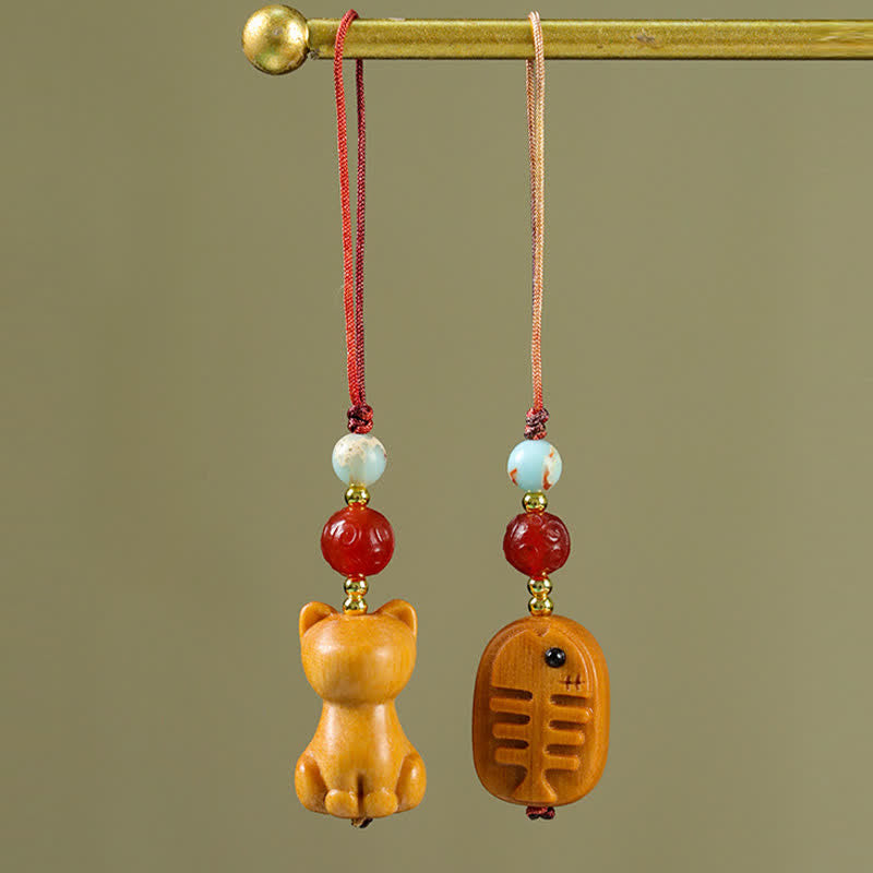 Buddha Stones Hand Carved Sandalwood Cat Fish Purification Keychains - image 0