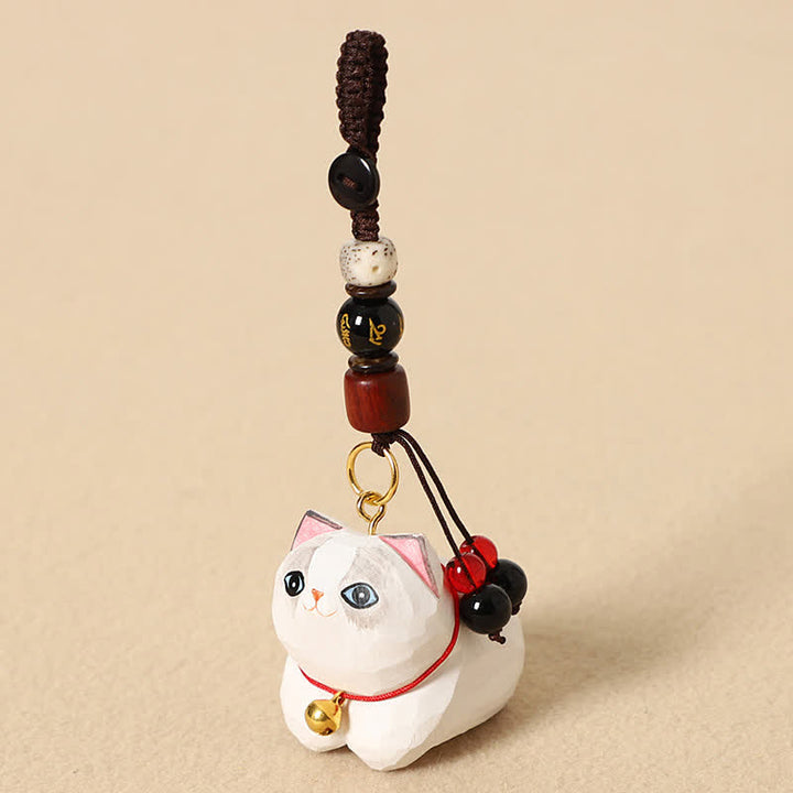 Buddha Stones Natural Wood Hand-Carved Lying Cat Om Mani Padme Hum Peace Keychains - White Cat Om Mani Padme Hum - image 10
