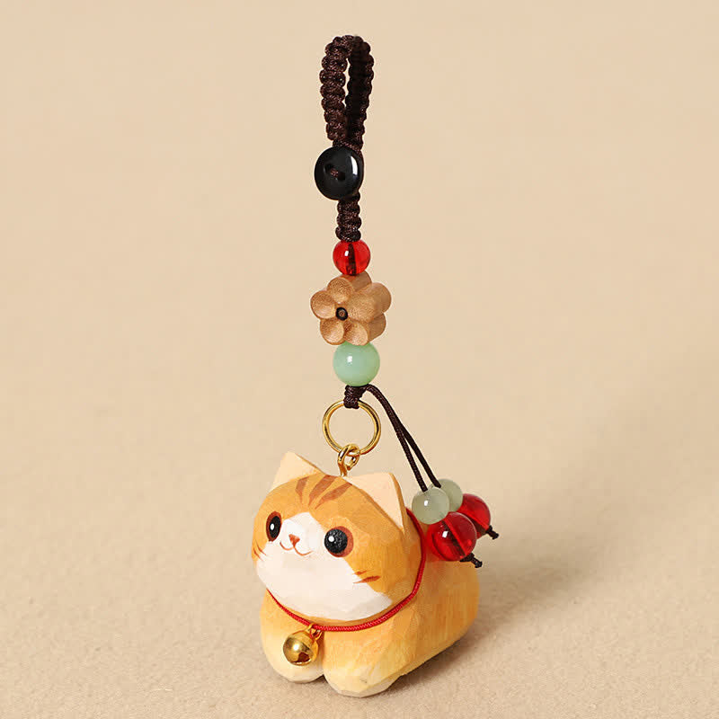 Buddha Stones Natural Wood Hand-Carved Lying Cat Om Mani Padme Hum Peace Keychains - Orange Cat Plum Blossom - image 0