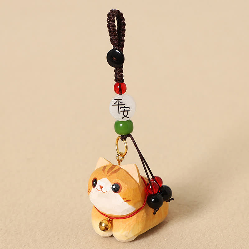 Buddha Stones Natural Wood Hand-Carved Lying Cat Om Mani Padme Hum Peace Keychains - Orange Cat Peace - image 1