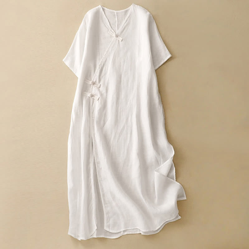 Buddha Stones Summer V-Neck Frog-Button Short Sleeve Cotton Linen Women's Midi Dress - White - US8-10，UK/AU12-14，EU40-42 (2XL) - image 9