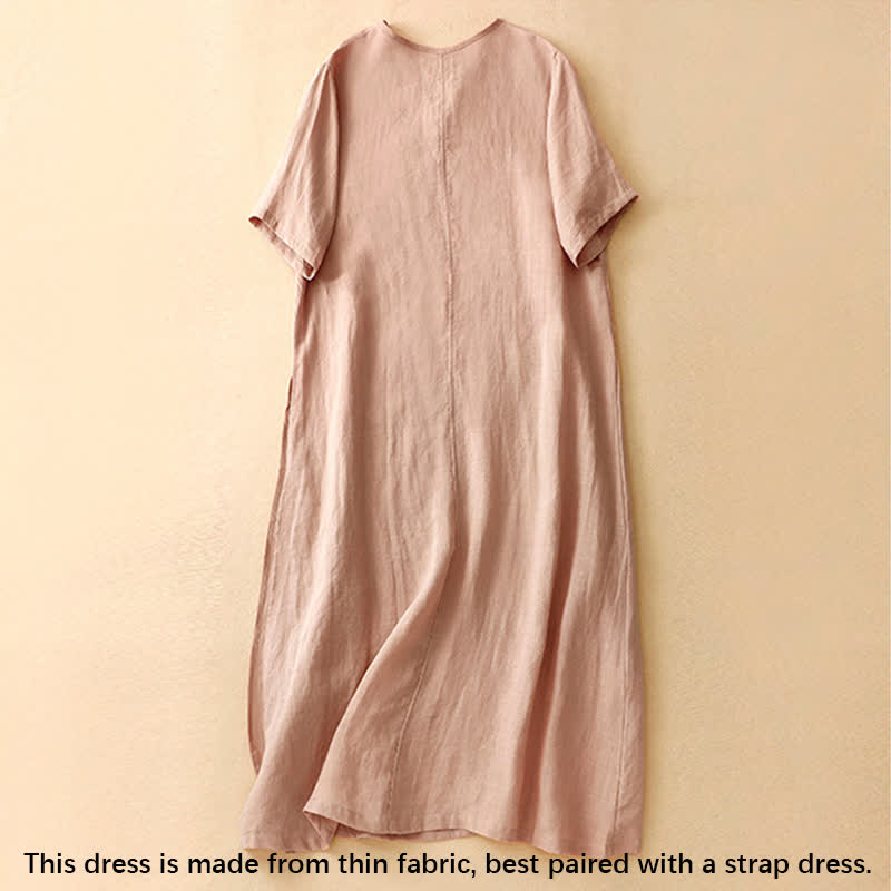 Buddha Stones Summer V-Neck Frog-Button Short Sleeve Cotton Linen Women's Midi Dress - image 1