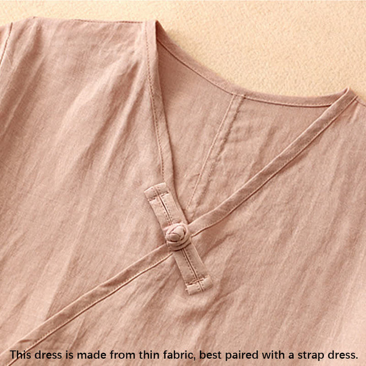 Buddha Stones Summer V-Neck Frog-Button Short Sleeve Women's Midi Dress - image 3