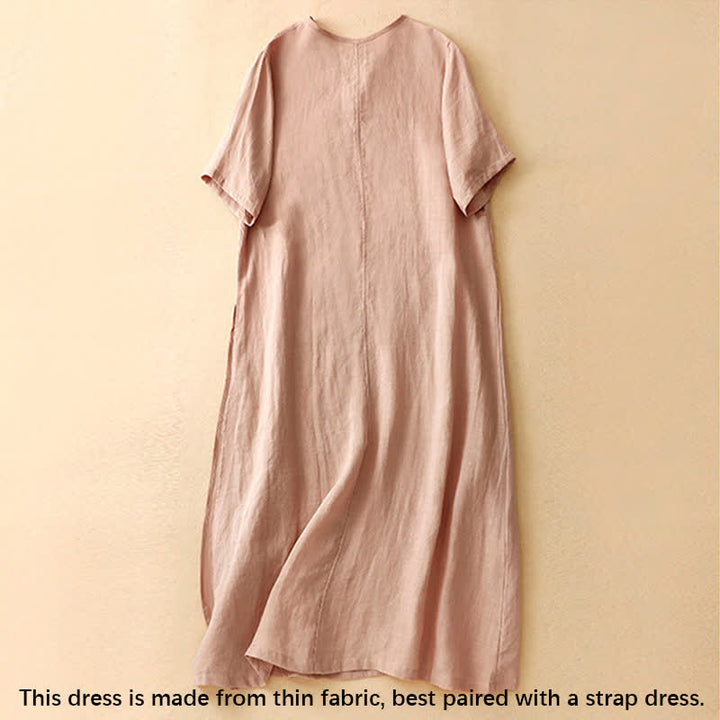 Buddha Stones Summer V-Neck Frog-Button Short Sleeve Women's Midi Dress - image 1