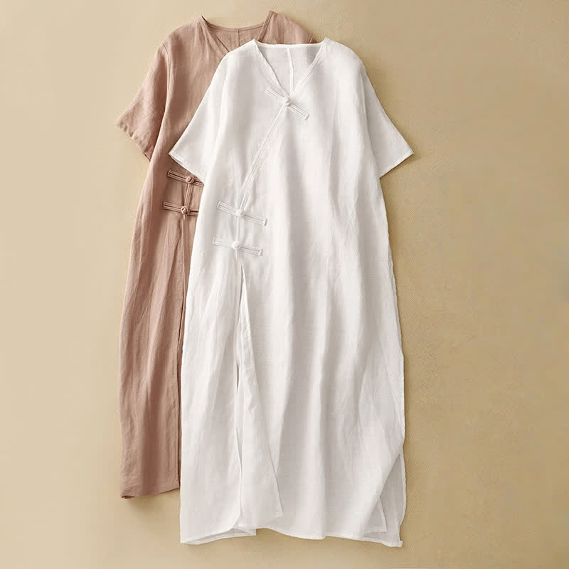 Buddha Stones Summer V-Neck Frog-Button Short Sleeve Women's Midi Dress - image 16