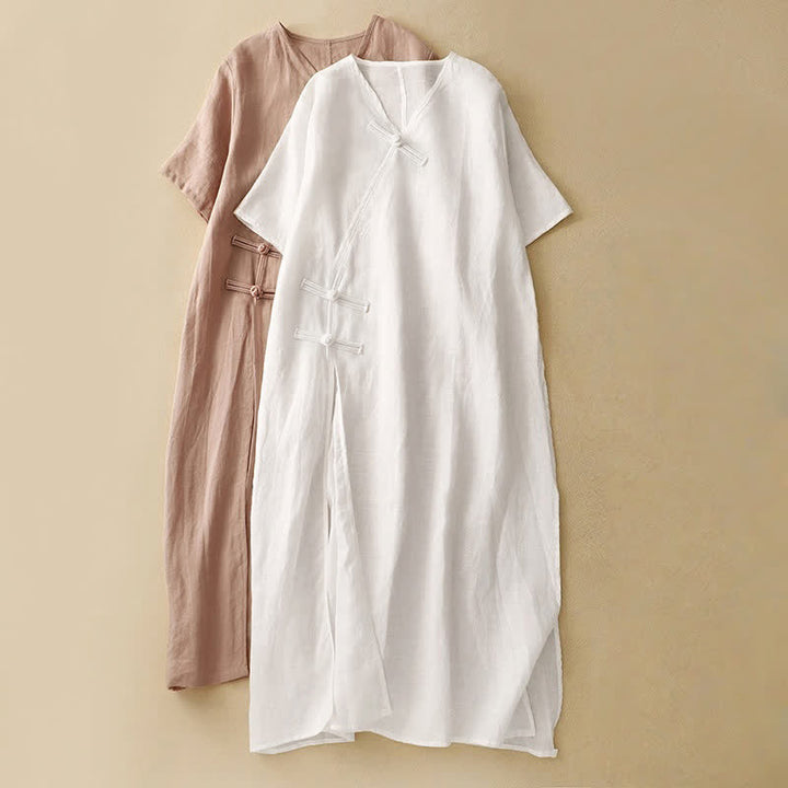 Buddha Stones Summer V-Neck Frog-Button Short Sleeve Women's Midi Dress - image 16