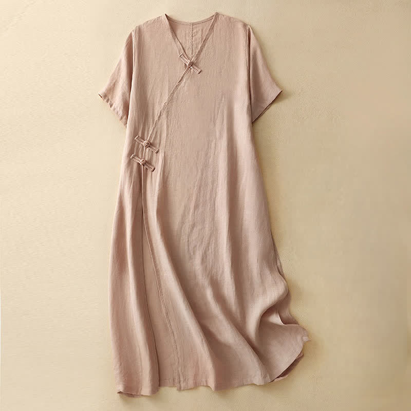 Buddha Stones Summer V-Neck Frog-Button Short Sleeve Women's Midi Dress - MistyRose - US8-10，UK/AU12-14，EU40-42 (2XL) - image 0