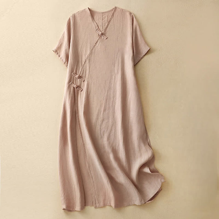 Buddha Stones Summer V-Neck Frog-Button Short Sleeve Women's Midi Dress - MistyRose - US8-10，UK/AU12-14，EU40-42 (2XL) - image 0
