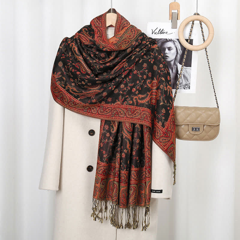 Buddha Stones Tibetan Cashew Flower Vine Print Tassels Shawl Fall Winter Soft Scarf Wrap - Brown Red - image 9