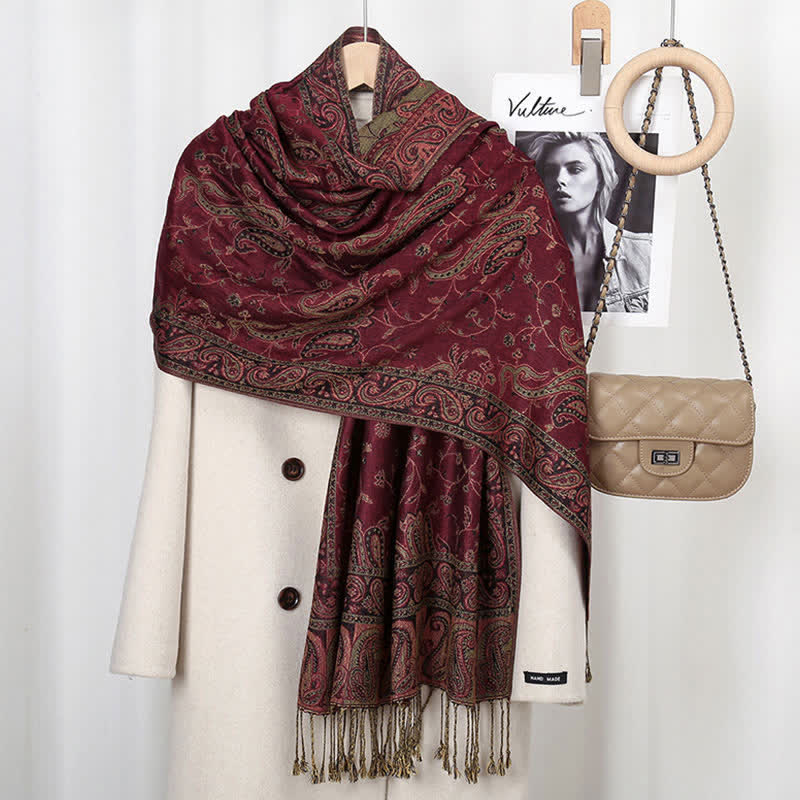 Buddha Stones Tibetan Cashew Flower Vine Print Tassels Shawl Fall Winter Soft Scarf Wrap - Dark Red - image 8