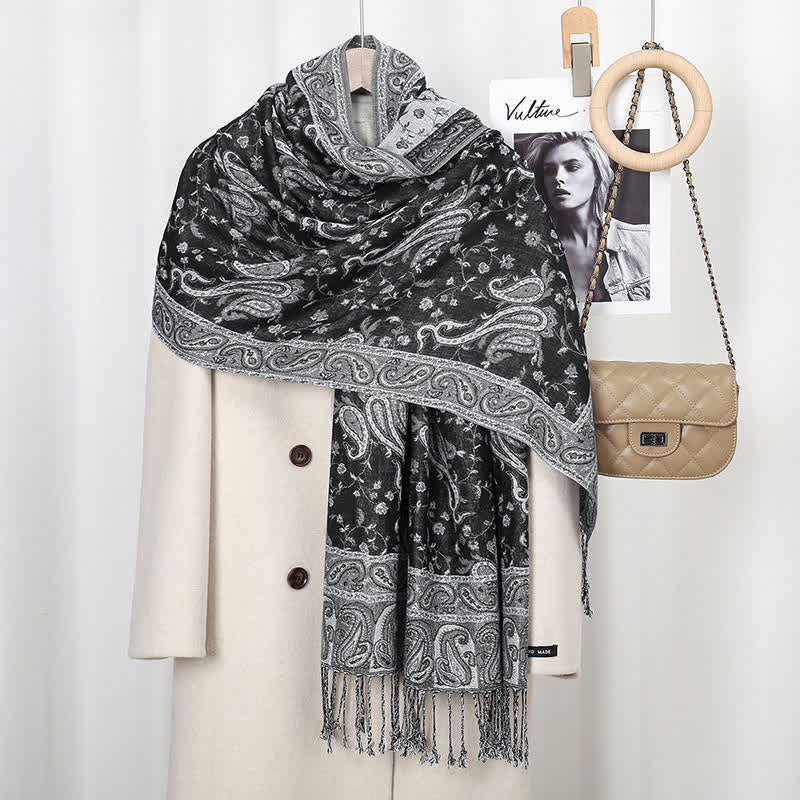 Buddha Stones Tibetan Cashew Flower Vine Print Tassels Shawl Fall Winter Soft Scarf Wrap - Black Gray - image 5