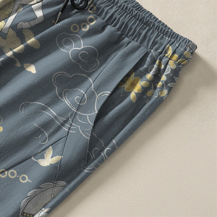 Buddha Stones Pure Cotton White Horse Cloud Blossom Pattern Drawstring Men's Tapered Pants With Pockets - image 4