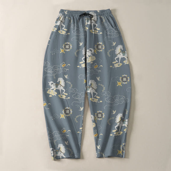 Buddha Stones Pure Cotton White Horse Cloud Blossom Pattern Drawstring Men's Tapered Pants With Pockets - image 2