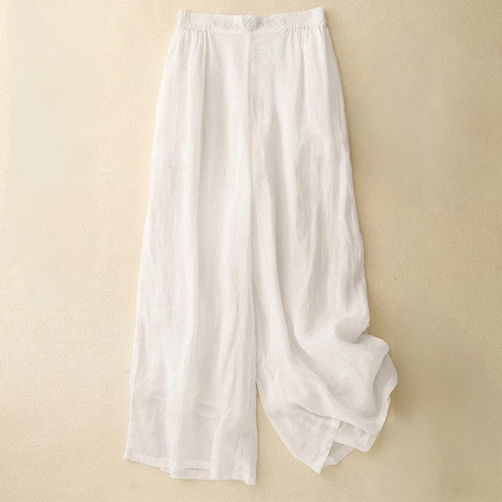 Buddha Stones Geometric Embroidery Elastic Waist Women's Cotton Linen Wide Leg Pants With Pockets - White - US12，UK/AU16，EU44 (2XL) - image 20