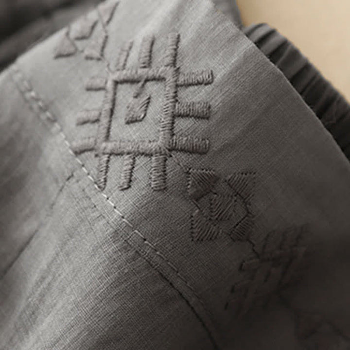 Buddha Stones Geometric Embroidery Elastic Waist Women's Cotton Linen Wide Leg Pants With Pockets - image 10