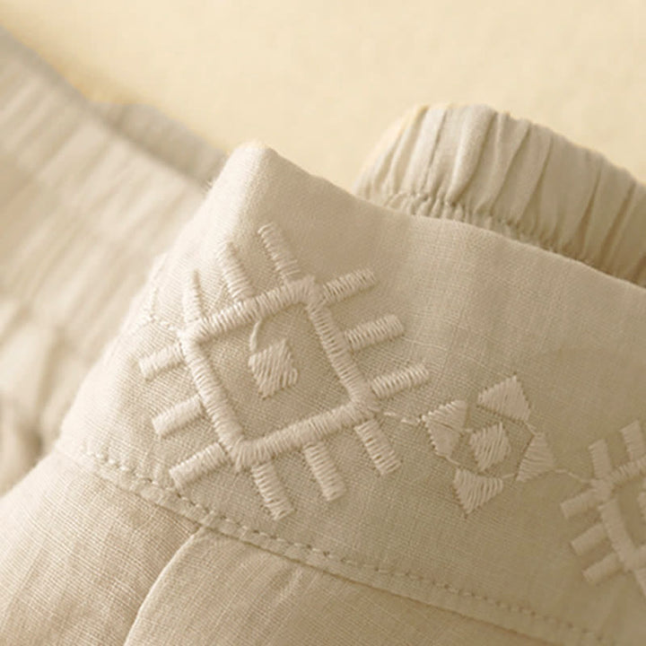 Buddha Stones Geometric Embroidery Elastic Waist Women's Cotton Linen Wide Leg Pants With Pockets - image 15