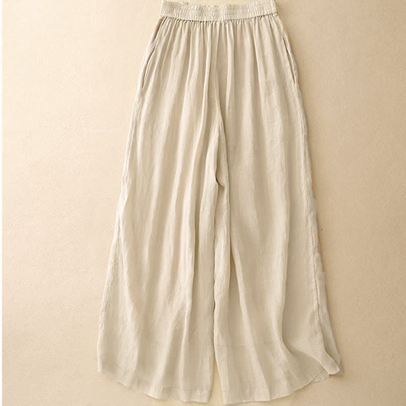 Buddha Stones Geometric Embroidery Elastic Waist Women's Cotton Linen Wide Leg Pants With Pockets - image 12