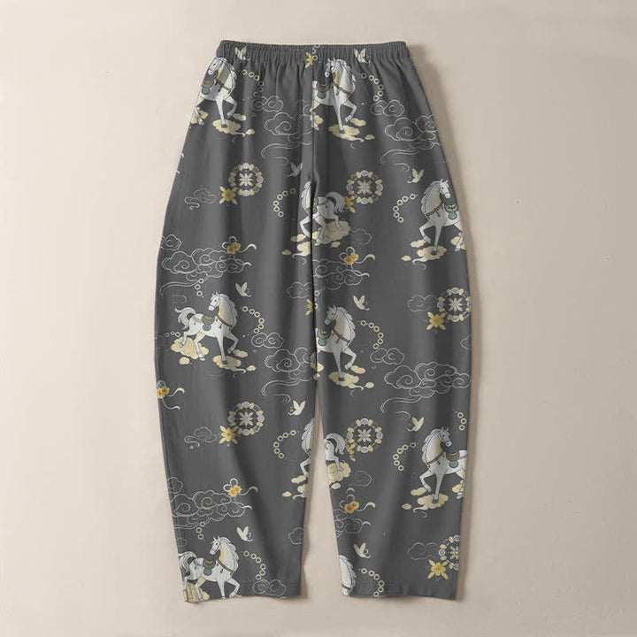 Buddha Stones Pure Cotton White Horse Cloud Blossom Pattern Drawstring Men's Tapered Pants With Pockets - image 10
