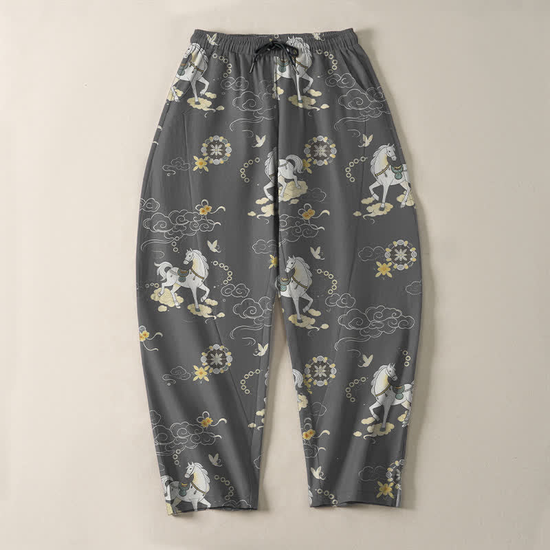 Buddha Stones Pure Cotton White Horse Cloud Blossom Pattern Drawstring Men's Tapered Pants With Pockets - image 9