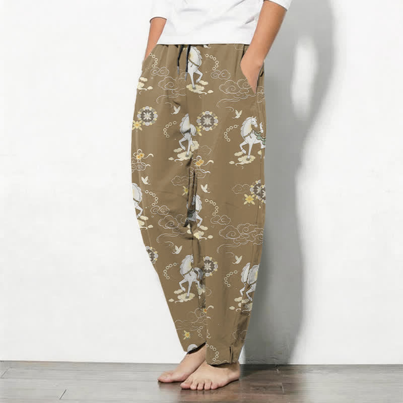 Buddha Stones Pure Cotton White Horse Cloud Blossom Pattern Drawstring Men's Tapered Pants With Pockets - image 12